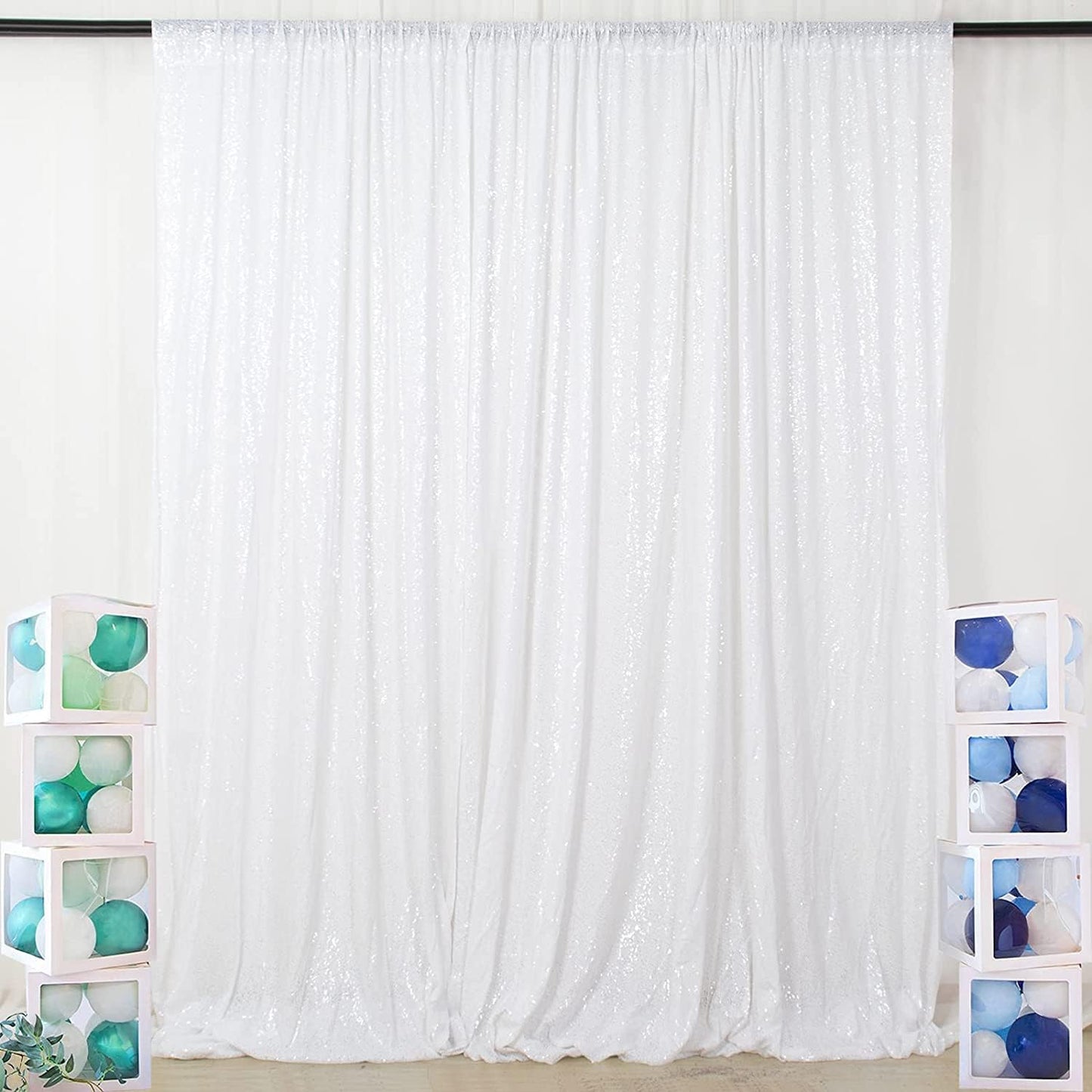 Poise3EHome 8FT x 8FT White Sequin Photography Backdrop Curtain for Party Decoration, White