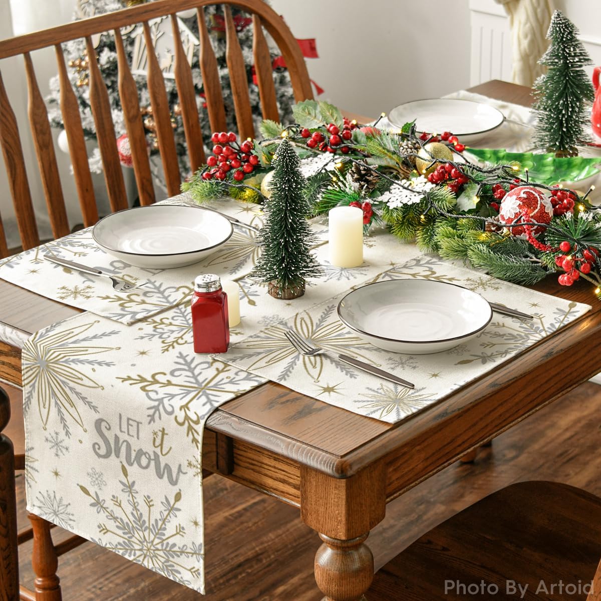 Artoid Mode Beige Snowflake Let It Snow Winter Placemats Set of 6, 12x18 Inch Seasonal Christmas Table Mats for Party Kitchen Dining Decoration