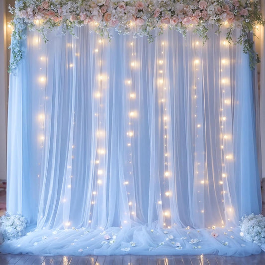 Baby Blue Backdrop Curtains with Lights String for Baby Shower Parties 2 Panels 5×10ft Sheer Tulle Backdrop Curtain Panels for Birthday Party Bridal Shower Photo Shoot Background Wall Decorations
