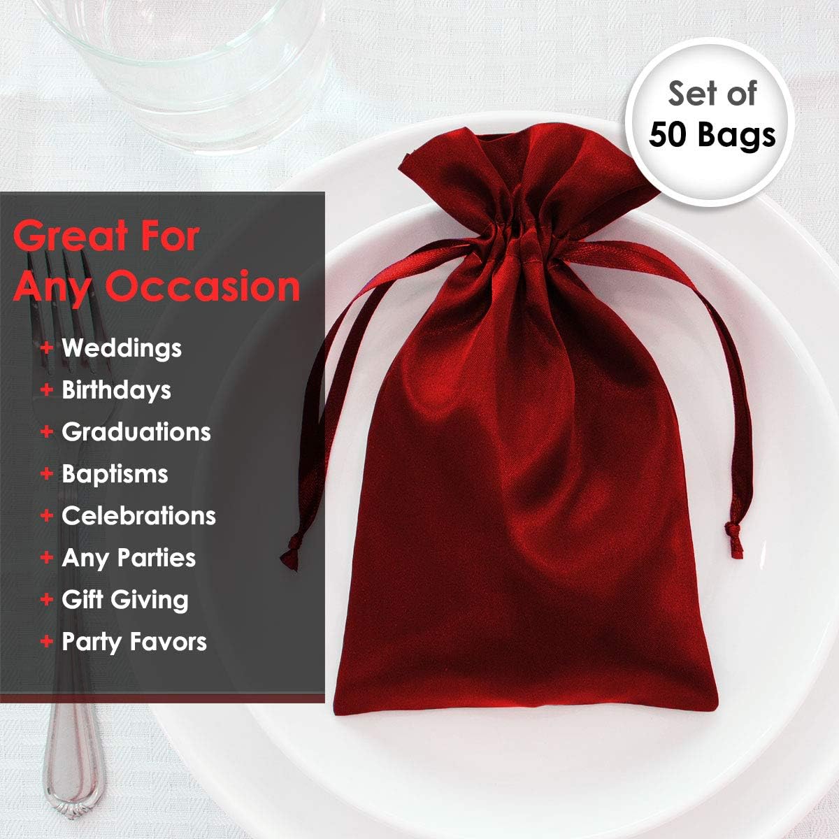 5" x 8" Wine Satin Gift Bags, Jewelry Bags, Wedding Favor Drawstring Bags Baby Shower Christmas Gift Bags 50 per Pack