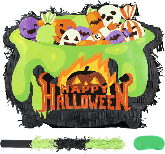 Halloween Witch's Cauldron Pinatas Bundle with a Blindfold and Bat (16.1x12.5x4 Inches), Bubbling Witch Pot, Wizard Theme Birthday Party Game and Decoration