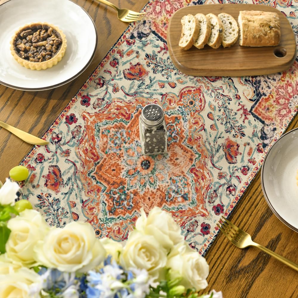 Artoid Mode Boho Bohemia Style Orange Table Runner, Country Rustic Farmhouse Magical Fall Kitchen Dining Table Decoration for Home Party Decor 13x60 Inch