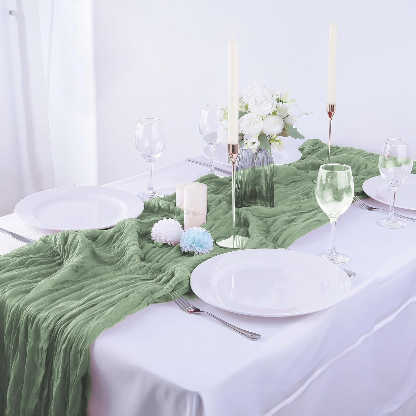 16PCS Sage Green Cheesecloth Boho Gauze Table Runner - 35x120Inch, Long, Rustic, Sheer for Wedding Party, Bridal Shower, Baby Table Decor