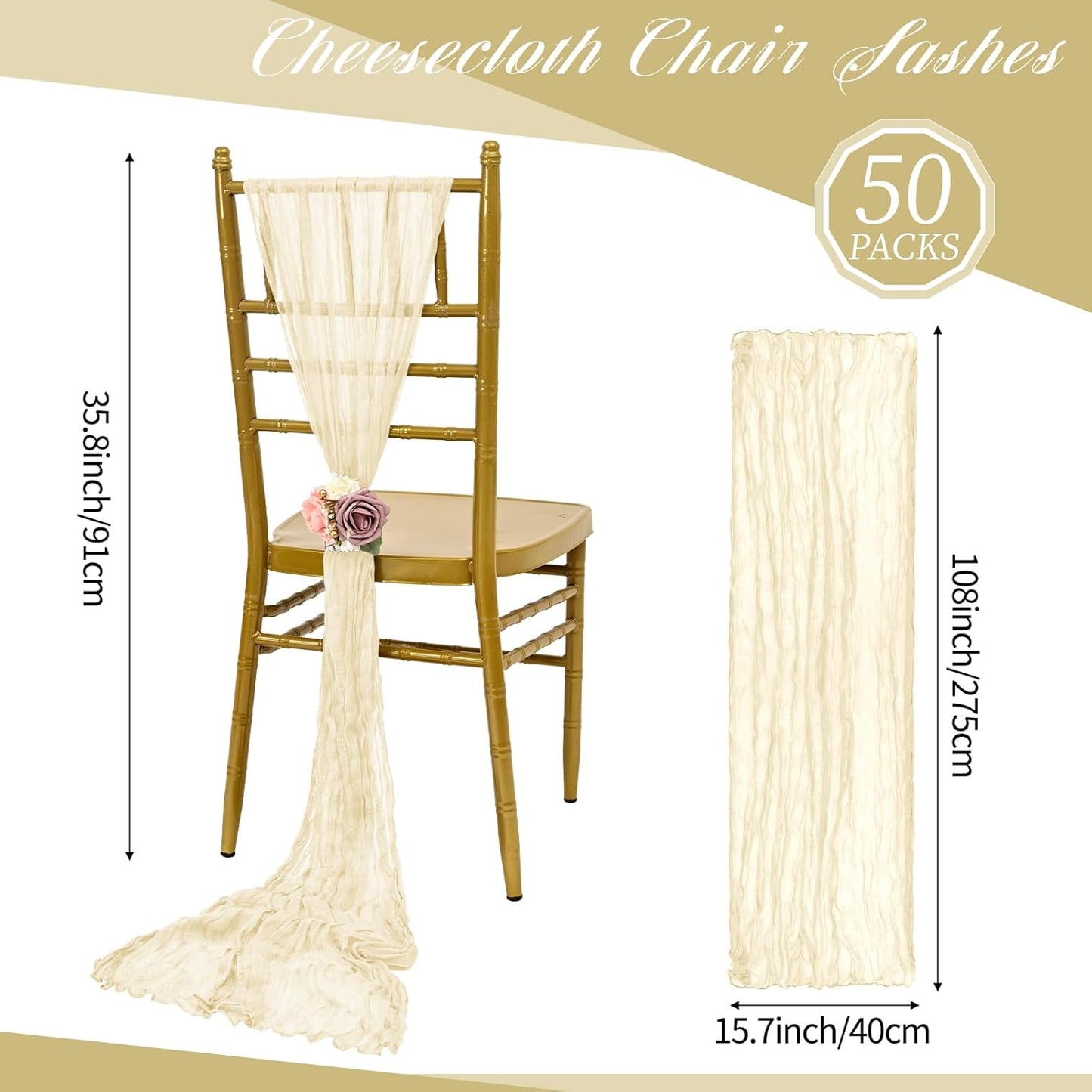 50 PCS Cheesecloth Chair Sashes, Bows Designed ChairSashes, 15.7x108 inch Chair Sashes for Aisle Decorations Universal Chairs Cover Decoration for Wedding Reception Party Banquet (Ivory)