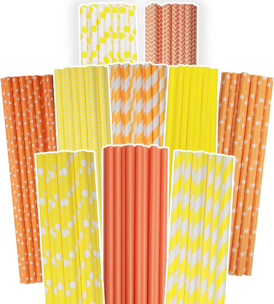 Yellow Orange Paper Straws for Drinking Yellow Disposable Straws 150pcs Biodegradable Disposable Straws Bulk(10 Pattern) qiqee