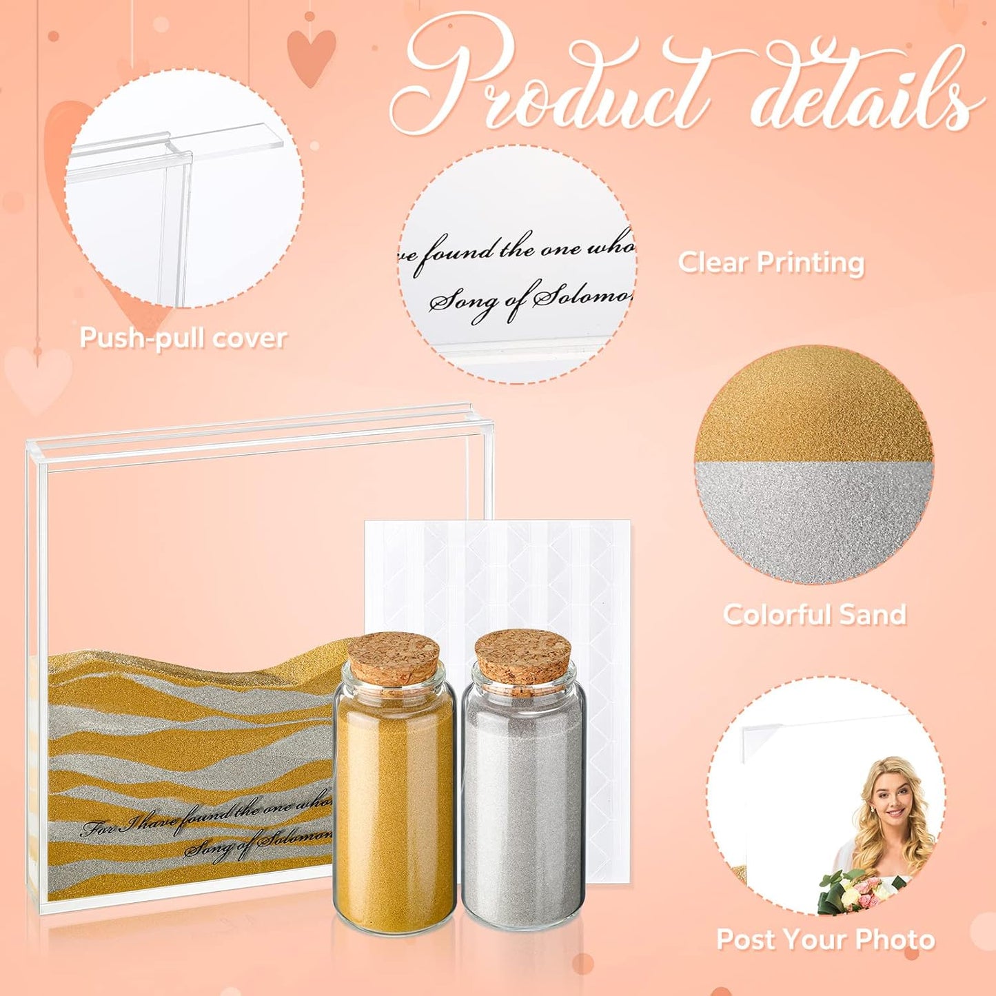 Roowest Sand Ceremony Kit for Wedding Includes Clear Acrylic Unity Sand Ceremony Photo Frame 2 Pack Photo Fixing Corner Stickers and 2 Glass Unity Holder for Wedding Home Decor(Yellow, Gray)