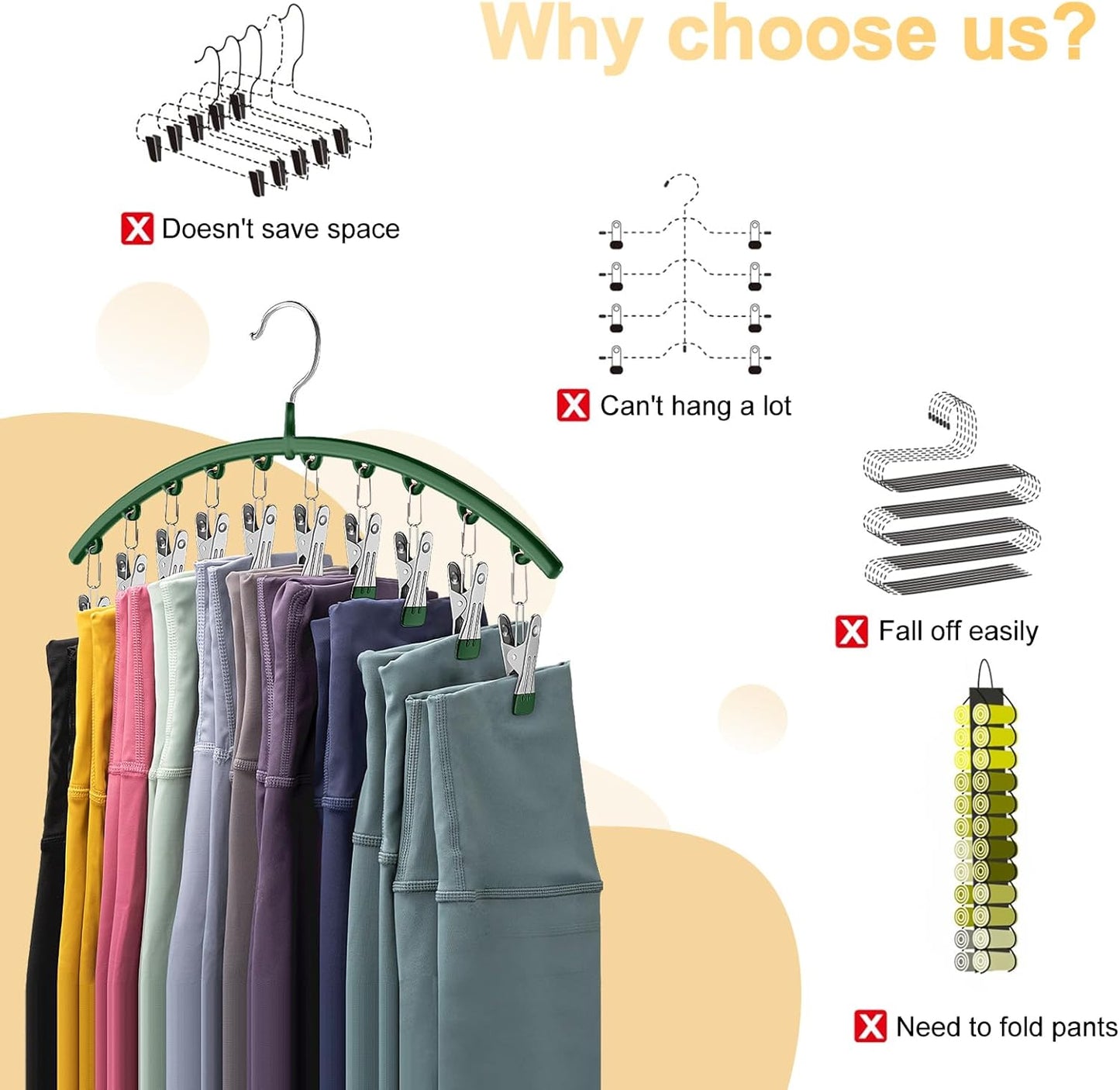 Legging Organizer for Closet, Metal Yoga Pants Hangers 1 Pack w/10 Clips Holds 10 Leggings, Space Saving Hanging w/Rubber Coated Closet Organizers and Storage, Green