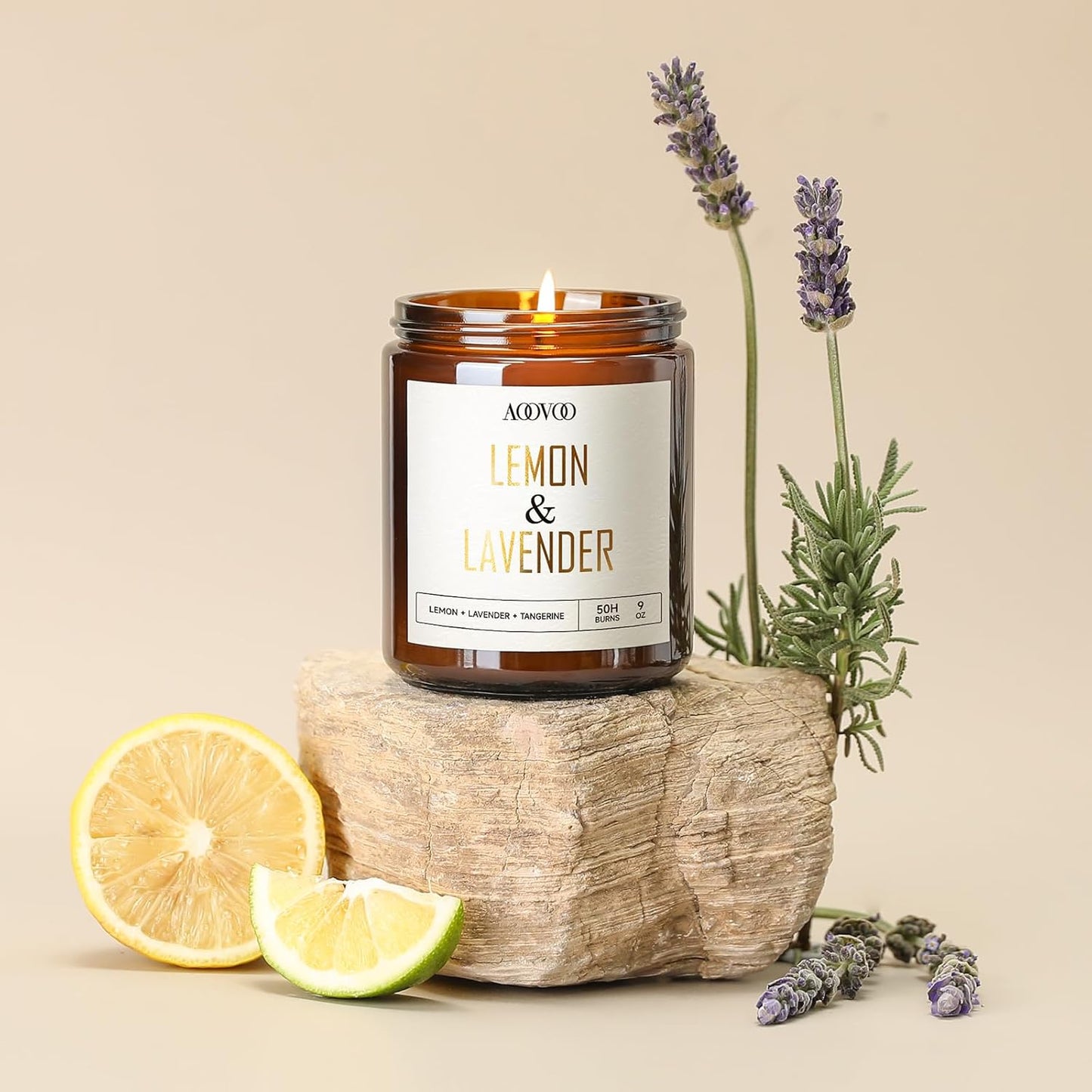 AOOVOO Lemon Lavender Scented Candle - Lavender, Soy Wax, Aromatherapy, 9oz