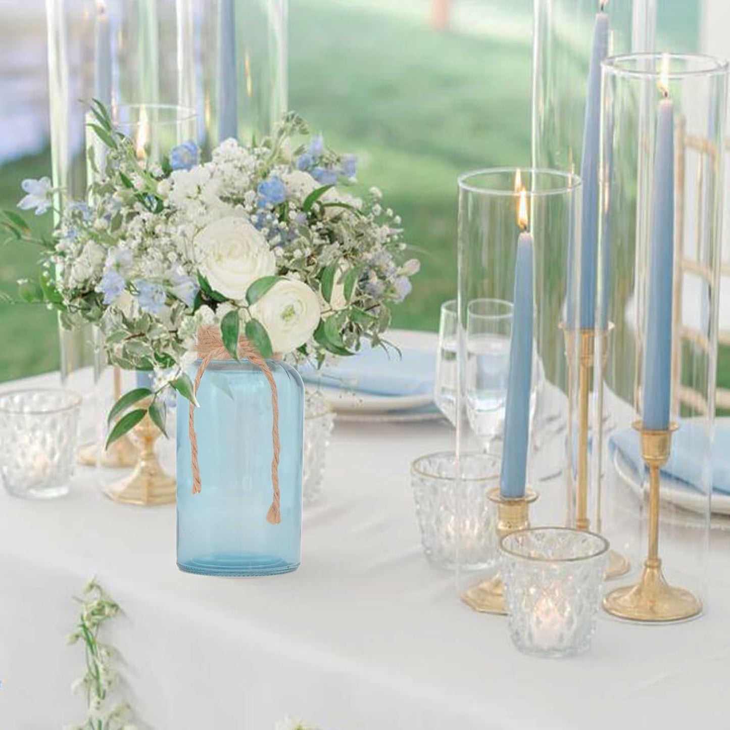 Vintage Glass Flower Vase，12 Pack Blue Farmhouse Glass Centerpiece Vases Mason Jars for Weddings, Parties & Home Decor Bulk (12, Blue)