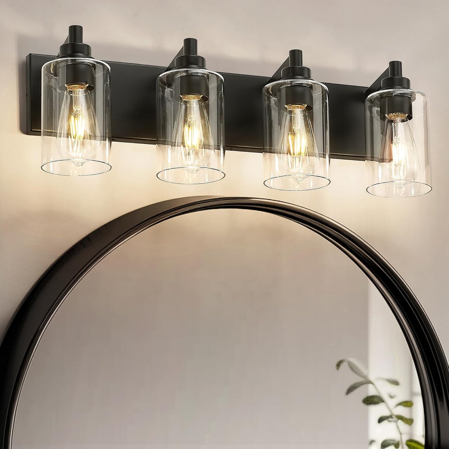 4-Light Bathroom Light Fixtures, Black Vanity Light with Cylinder Clear Glass Shade, Modern Vanity Lighting Fixtures Over Mirror, VL143-MB-4