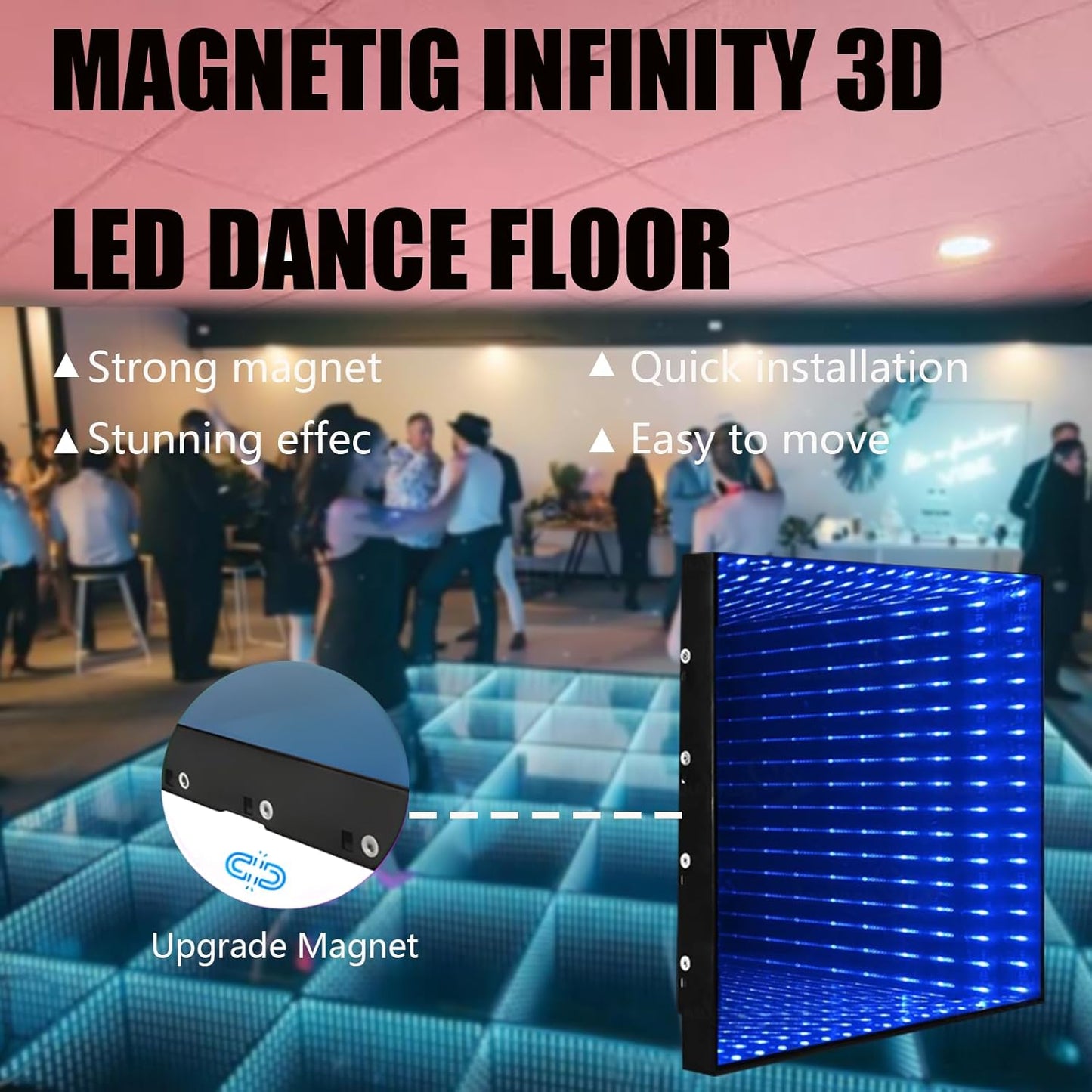 Dance Floor Stage Lights Tempered Glass Infinity Mirror Panel 3D Effect Led Dance Floor for Wedding Party Customizable (3D-Magnetic, 25PCS(8.2FTX8.2FT))