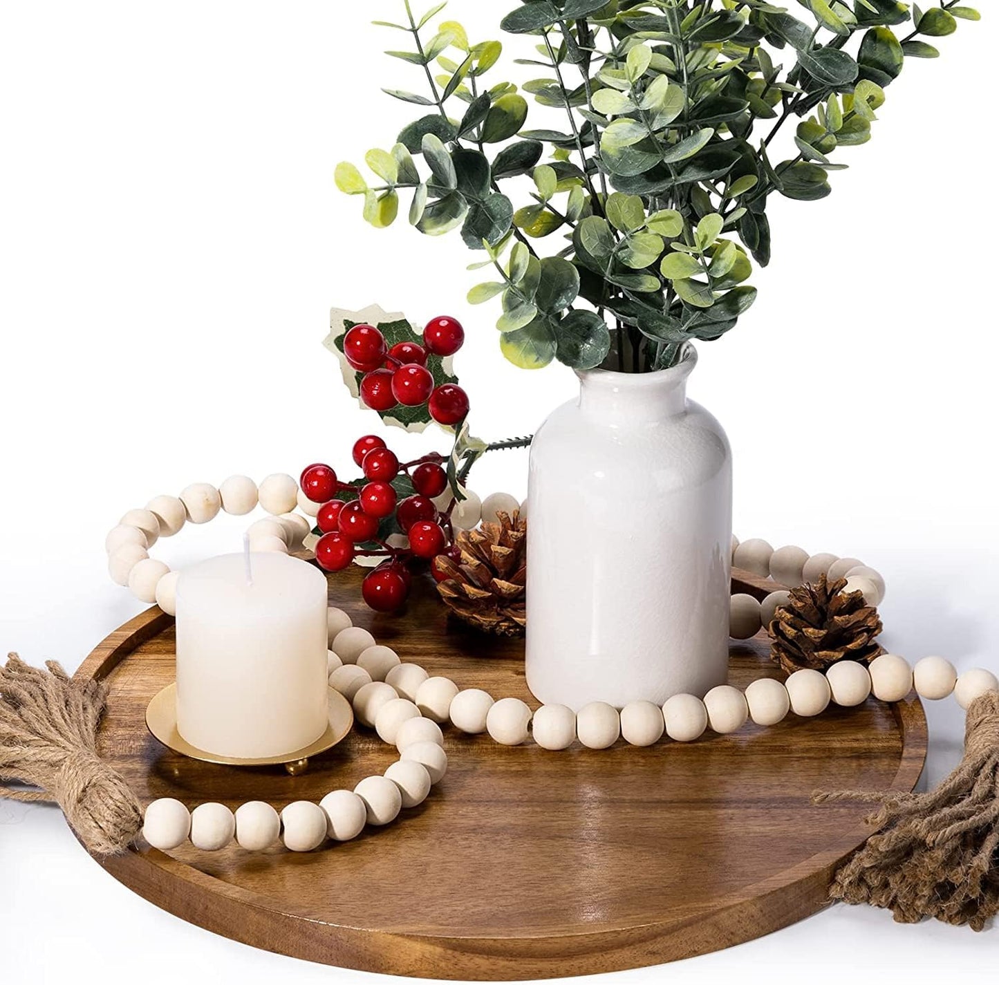 DECORKEY Farmhouse Wood Beads Garland, 2 Pack 58 Inch Wooden Beads for Boho Home Decor with Tassels, Rustic Country Decor for Coffee Table, Wall, Shelf, Tray, Vase, Living Room, Bedroom