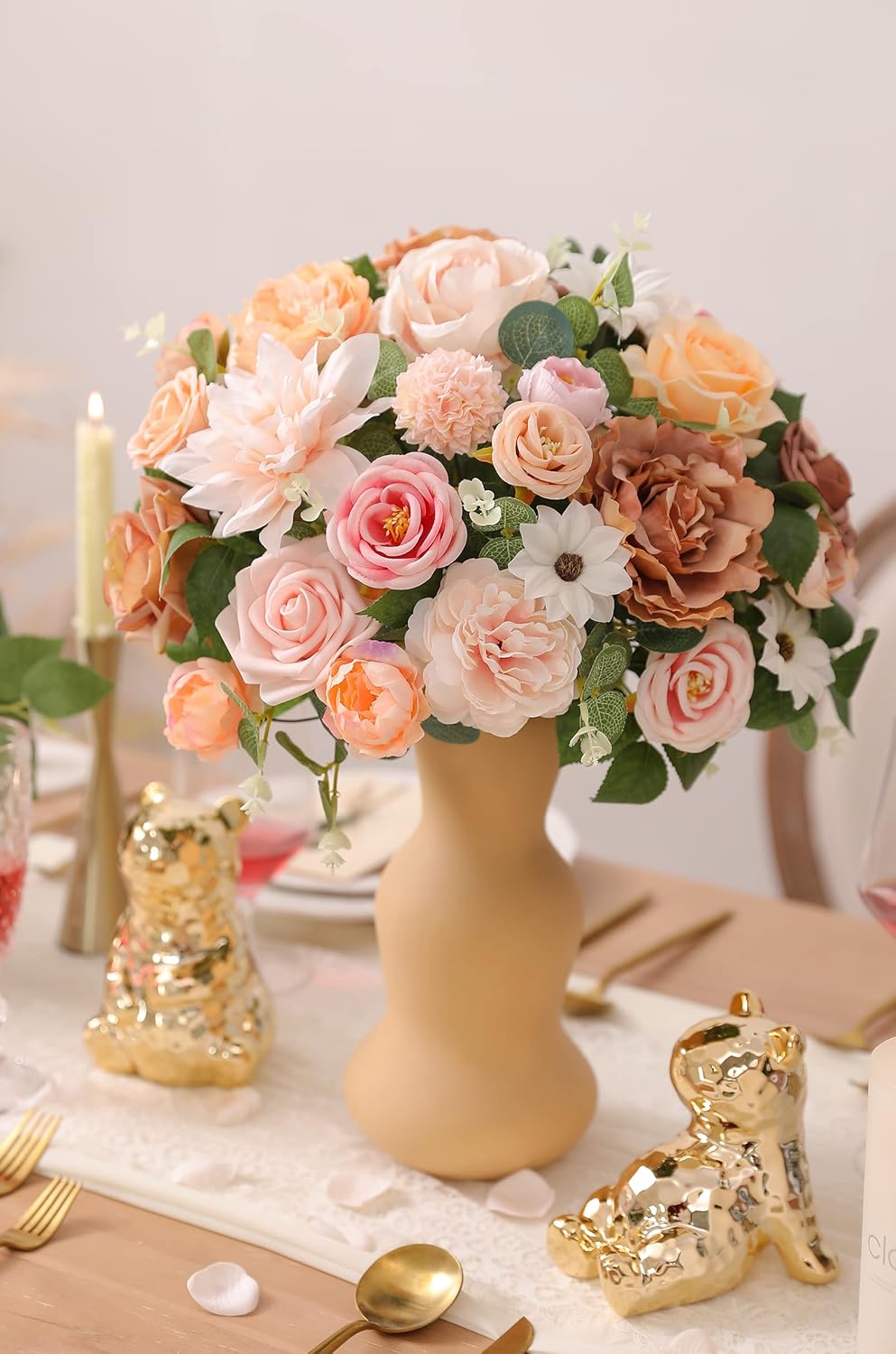 SERRAFLORA Artificial Flowers Combo Box Set Faux Flowers Bulk Flower Leaf with Stems for DIY Wedding Bouquets Centerpieces Baby Shower Party Home Decorations(Champagne Pink)