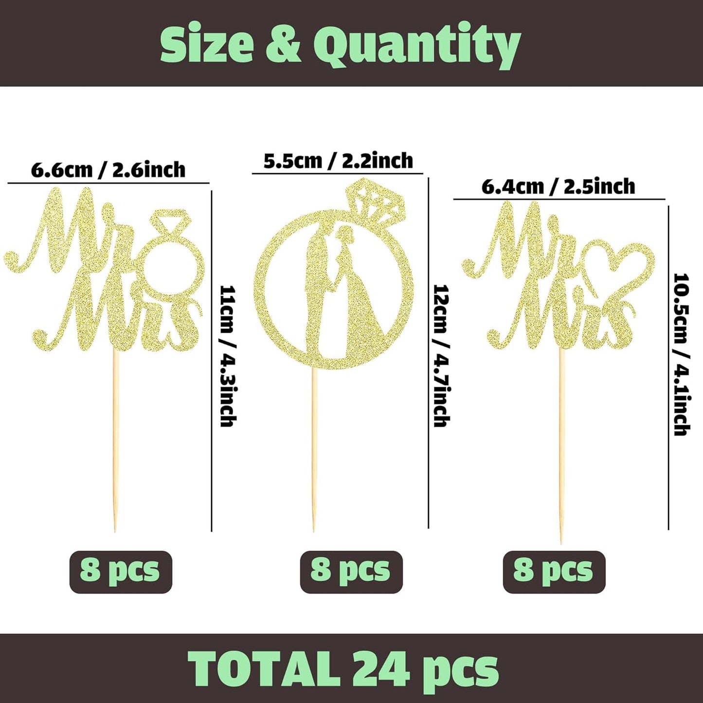 Sotpot 24PCS Miss to Mrs Cupcake Toppers with Ring Gold Glitter for Wedding Bridal Shower Wedding Engagement Party Cake Decorations
