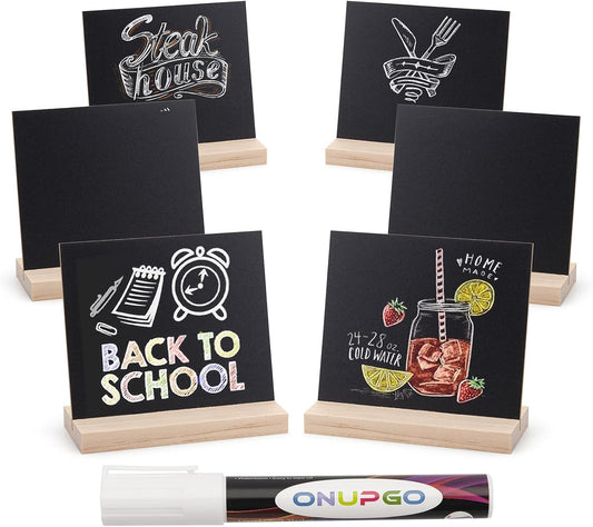 ONUPGO Chalkboard Signs with Wood Base Stands, 10X12cm Vintage Wooden Tabletop Decorative Chalkboard Sign, Message Chalkboard Sign for Party, Restaurant, Wedding, Set of 6