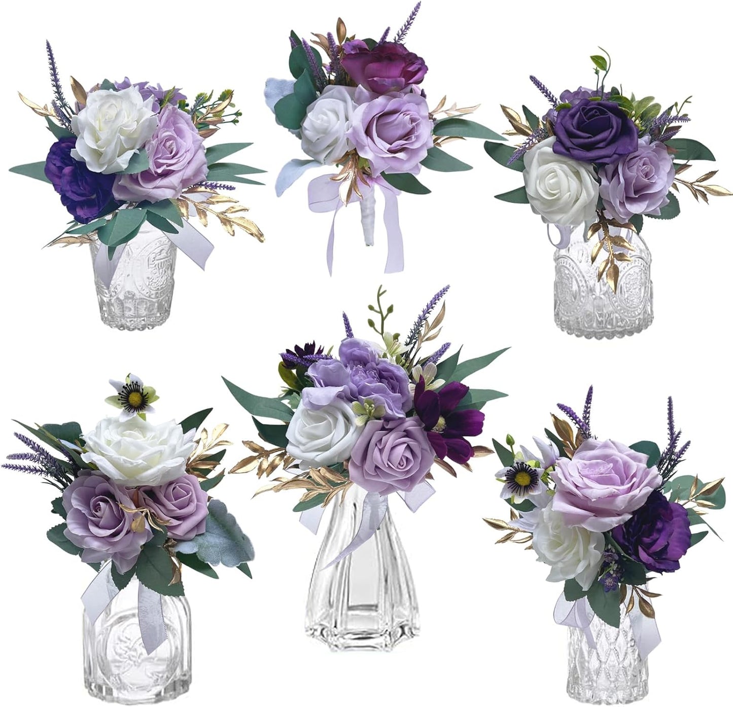 CherishedMoments Set of 6 Assorted Flower Centerpieces Mini Floral Wedding Flowers Set for Wedding Table Centerpieces Decoration, Purple Bouquets and Home Decor