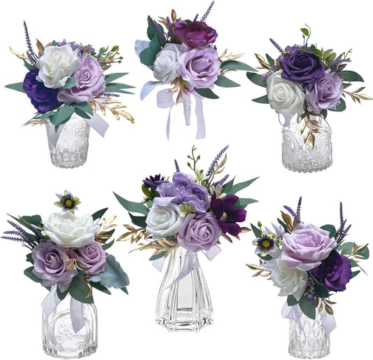 CherishedMoments Set of 6 Assorted Flower Centerpieces Mini Floral Wedding Flowers Set for Wedding Table Centerpieces Decoration, Purple Bouquets and Home Decor