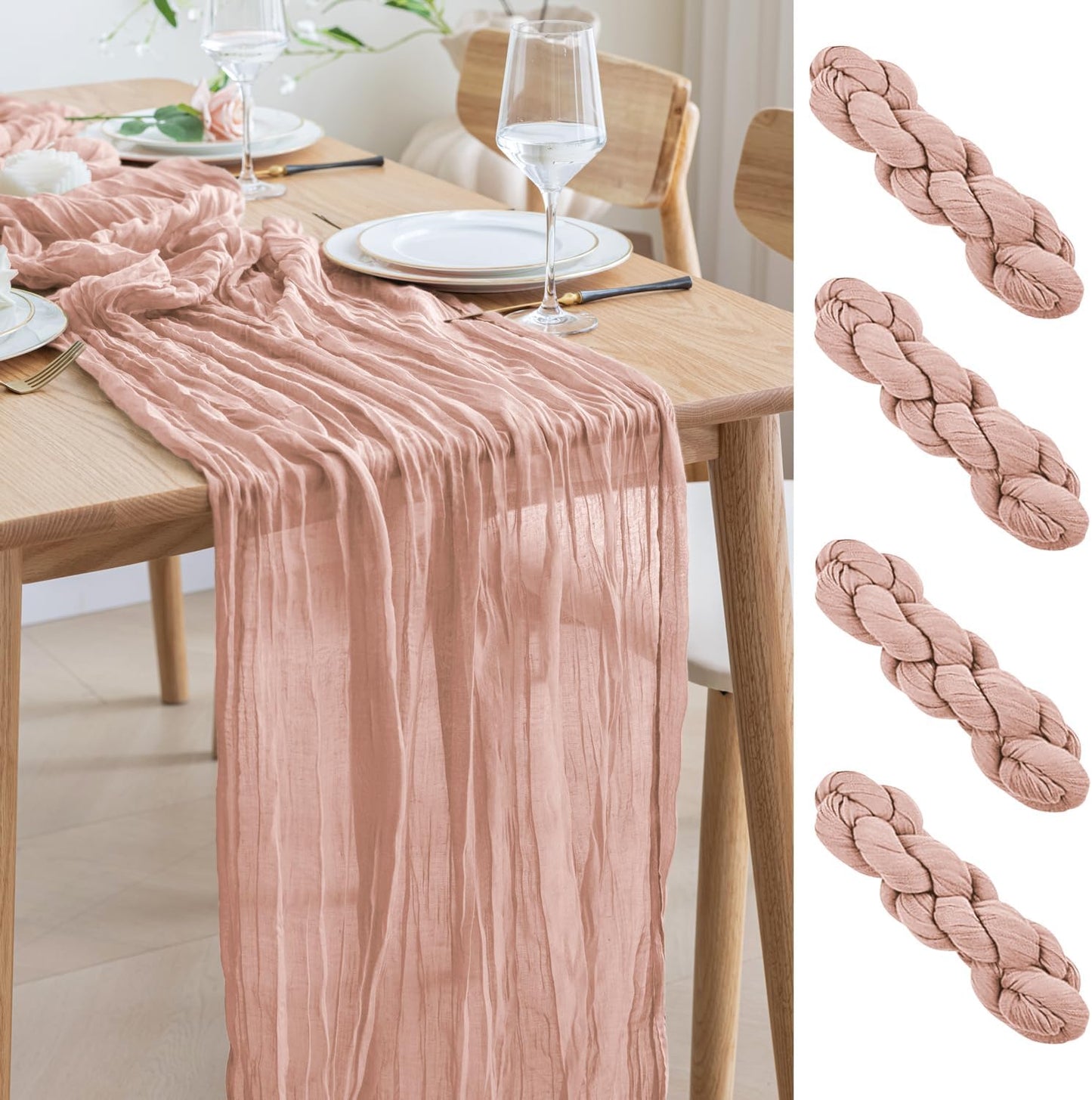 Asee'm 4pcs Cheesecloth Table Runner 120 Inches Dusty Pink Boho Gauze Cheese Cloth Runner 10FT Rustic Sheer Table Runners for Summer Wedding Baby Shower Holiday Party Decoration