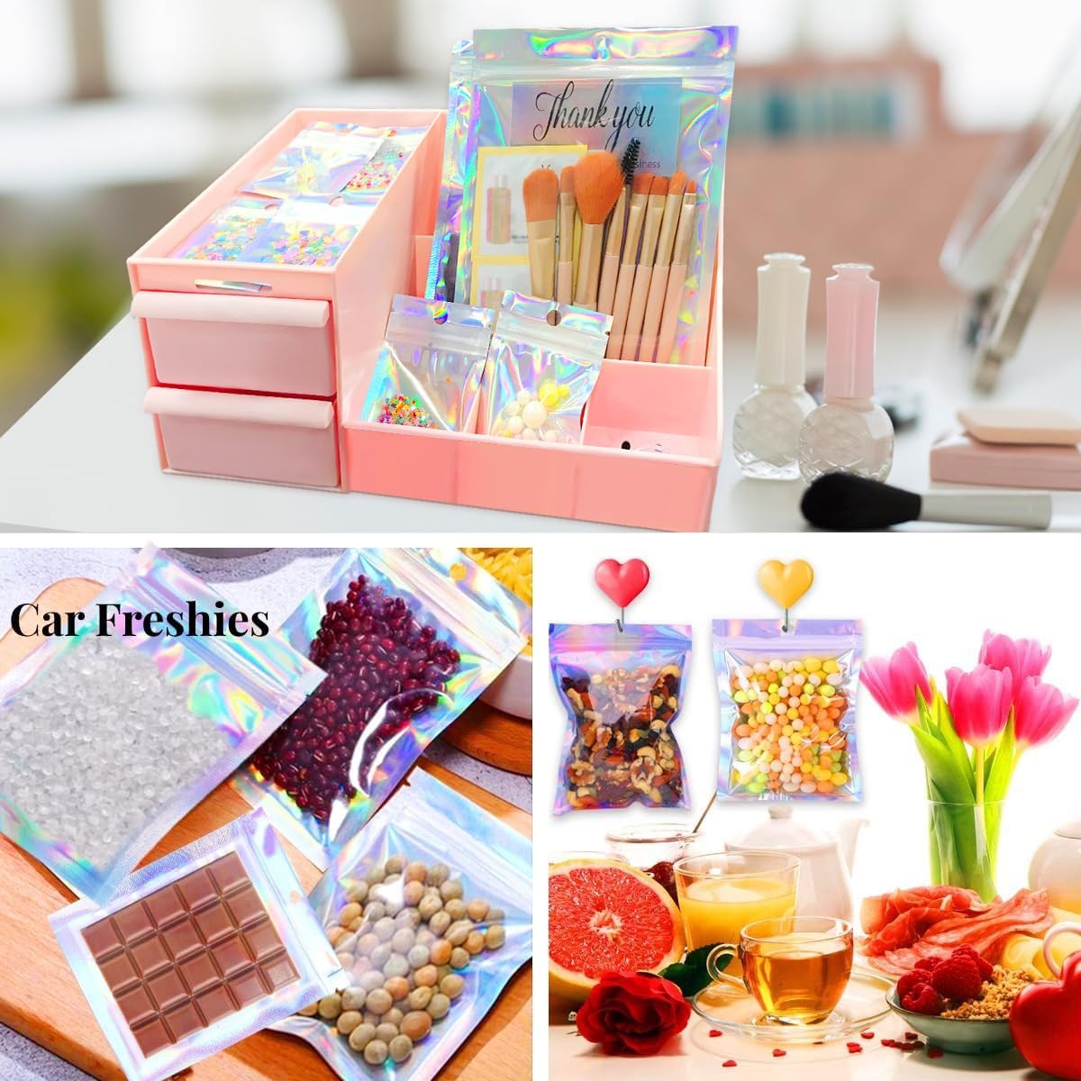 100 Pcs Holographic Resealable Packaging Bags for Small Business Supplies, Cute Small Color Smell Proof Foil Pouch Plastic Baggies for Lip Gloss Soap Party Food Storage (4x6 inch)