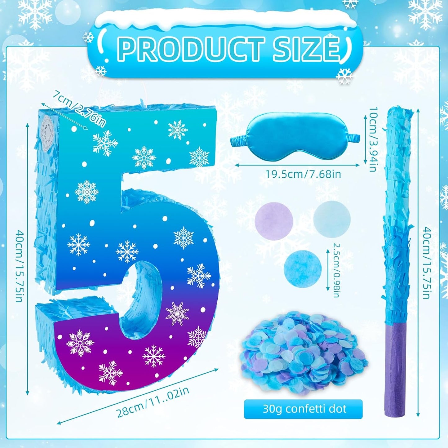Snowflake Birthday Decorations, Winter Ice Snowflake Number 5 Pinata with Stick Blindfold and Confetti Snowflake Piñata 5th Birthday Party Decoration & Supplies (Snowflake 5)