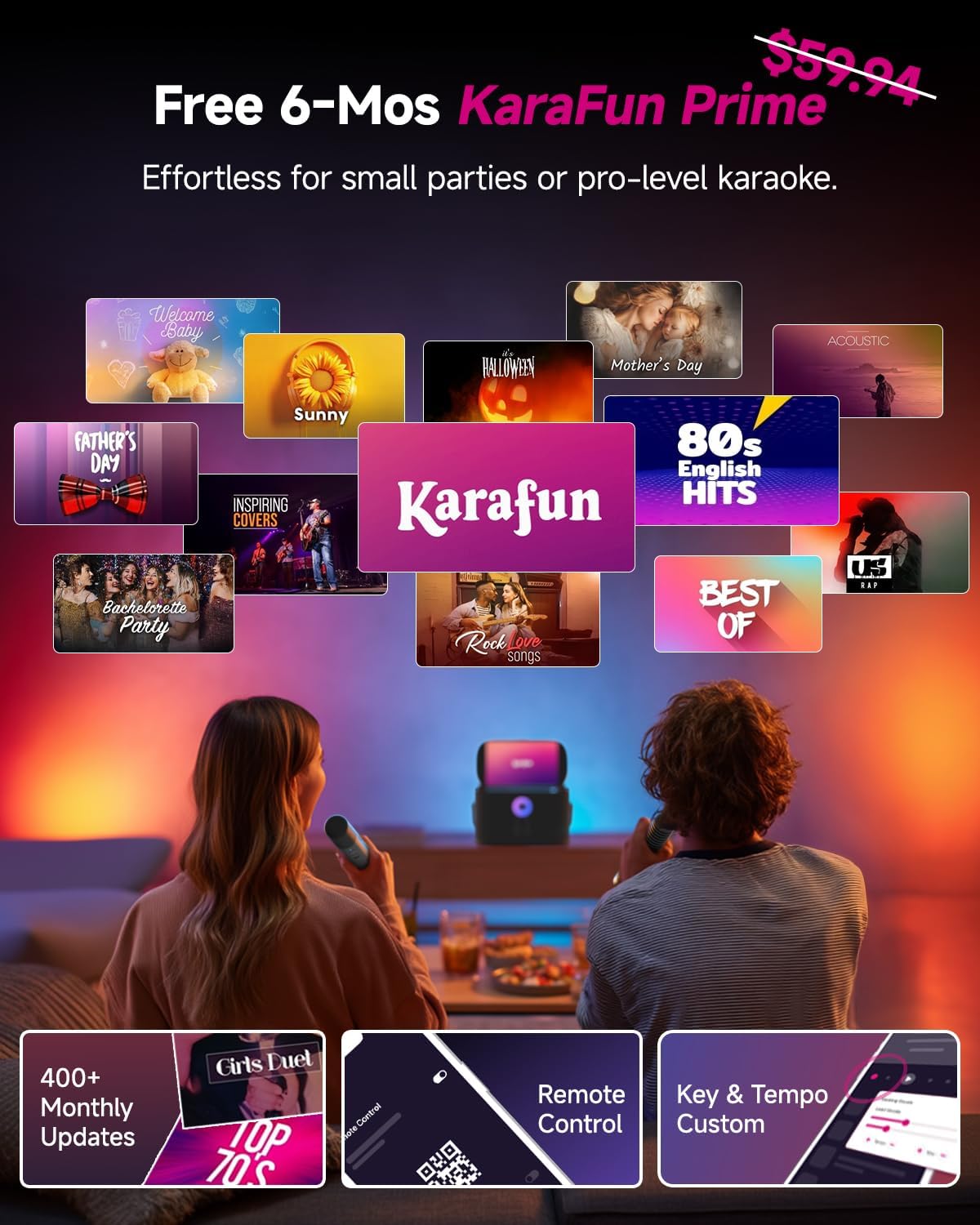 Ikarao Portable Karaoke Machine for Adults, Built-in Lyrics Display and Screen, 2 Self-Charging Wireless Microphones, Karaoke App, 140W Speaker, Connects to TV for Home Party Birthday Outdoor Camping