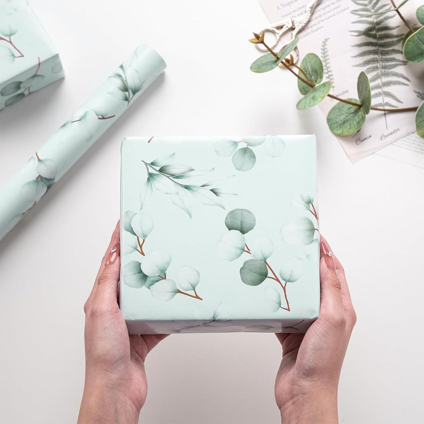RUSPEPA Eucalyptus Leaves Wrapping Paper Roll for Women Girls, Light Green Leaf Design Gift Wrap, Greenery Wrapping Paper Perfect for Wedding, Birthday, Spring, Bridal Shower, 17 Inch x 16.4 Feet