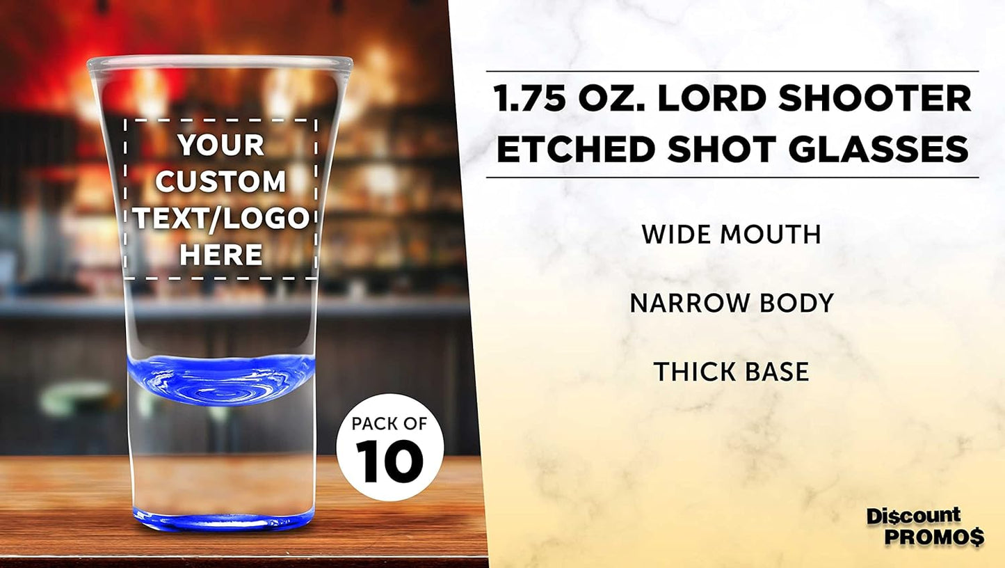 Custom 2 oz. Lord Shooter Etched Shot Glasses, 10 pack, Personalized Text, Logo, 21st Birthday Party, Lounge Glassware, Blue