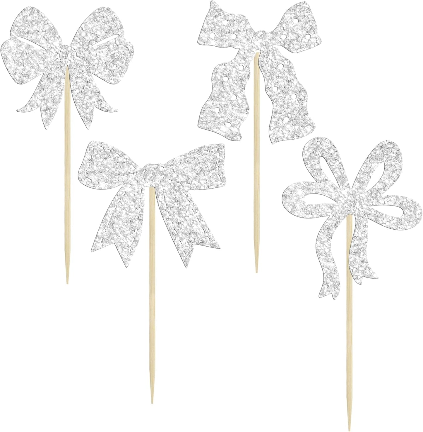 Ephlyn 24pcs Silver Bow Cupcake Toppers for Birthday, Baby Shower, Bridal Shower, Wedding, Bachelorette Party