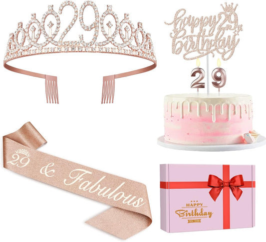 29th Birthday Decorations for Women Including Birthday Sash, Tiara, Numeral Candles and Cake Topper, 29 Year Old Gifts for Women, Rose Gold Party Decor Supplies