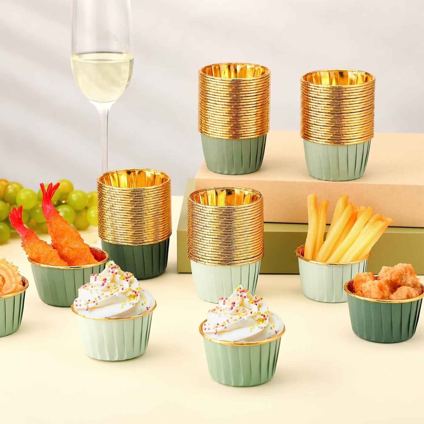 Geiserailie 100 Pcs Sage Green Cupcake Liners Gradient Green Cupcake Foil Wrappers Snack Bowls for Parties Wedding Bridal Shower Birthday Supplies