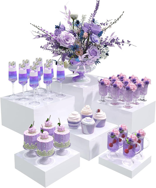 Buffet Risers, Food Display Risers for Party, White Acrylic Risers Display Stand for Buffet Table, Catering Displays for Dessert, Cube Box Nesting Riser with Hollow Bottoms (5"x6"x7"x8"x9"x10" 6 PCS)