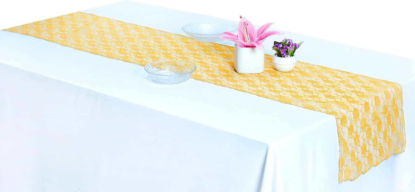MDS Pack of 15 Wedding 12 x 108 inches Lace Table Runner for Wedding, Decorations for Birthday Parties, Banquets, Graduations, Engagements, and Runners fit Rectangle, Round Table- Yellow Gold