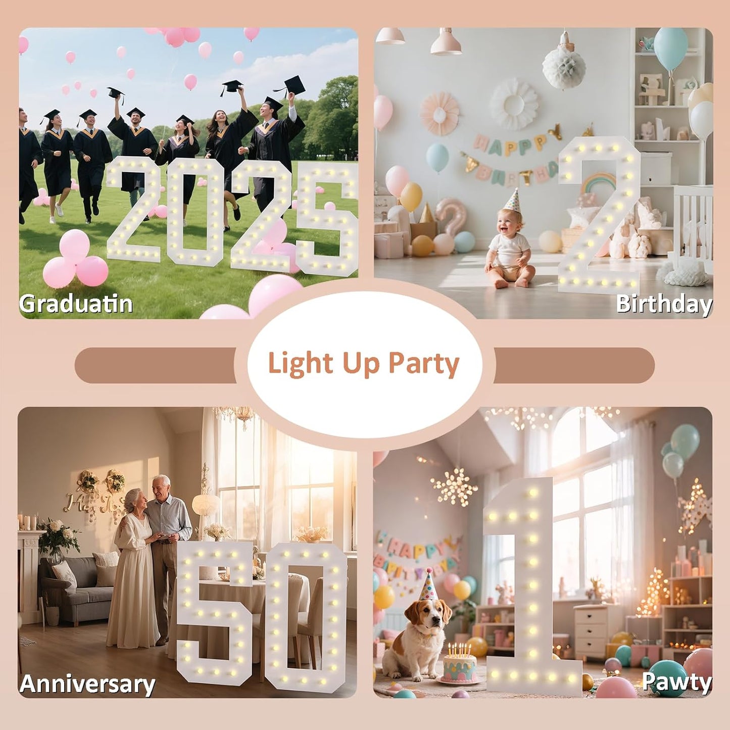 LOBOOM 4FT Light Up Numbers, Marquee Numbers 4 Feet Tall Giant Number 35 Mosaic Big Number Sign for 35th Birthday Party Backdrop Anniversary Decorations, Pre-Cut Large Frame