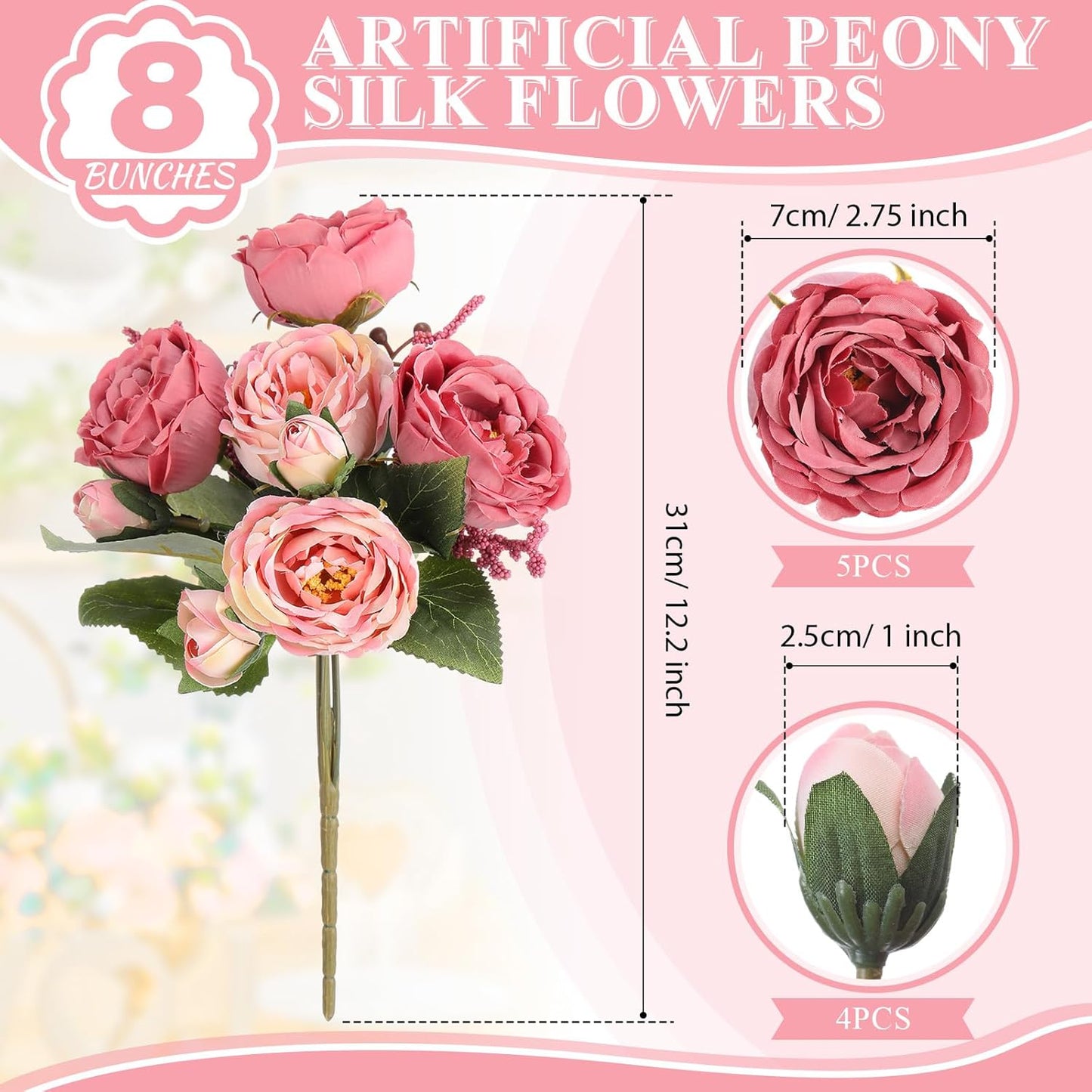 8 Bundles Artificial Peonies Flowers Boho Faux Flowers Arrangements Artificial Centerpiece Spring Bouquet Floral Wedding Decoration for Vase(Dark Pink)