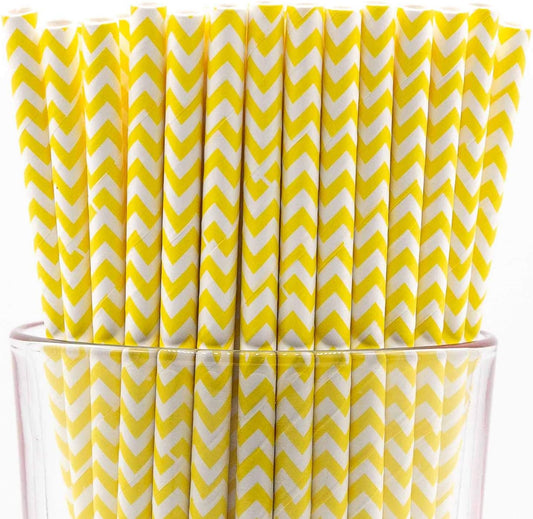 Pack of 300 Yellow Chevron Biodegradable 4-Ply Paper Drinking Straws (Compostable, Non-toxic, BPA-free)