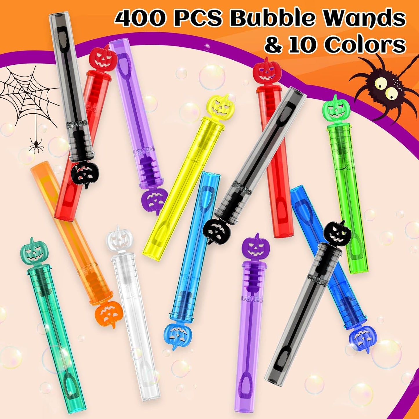 SpringFlower 400 PCS Halloween Mini Bubble Wands, Halloween Party Favors for Kids, Halloween-Themed Bubble Wands In 10 Colors, Goodie Bag Fillers