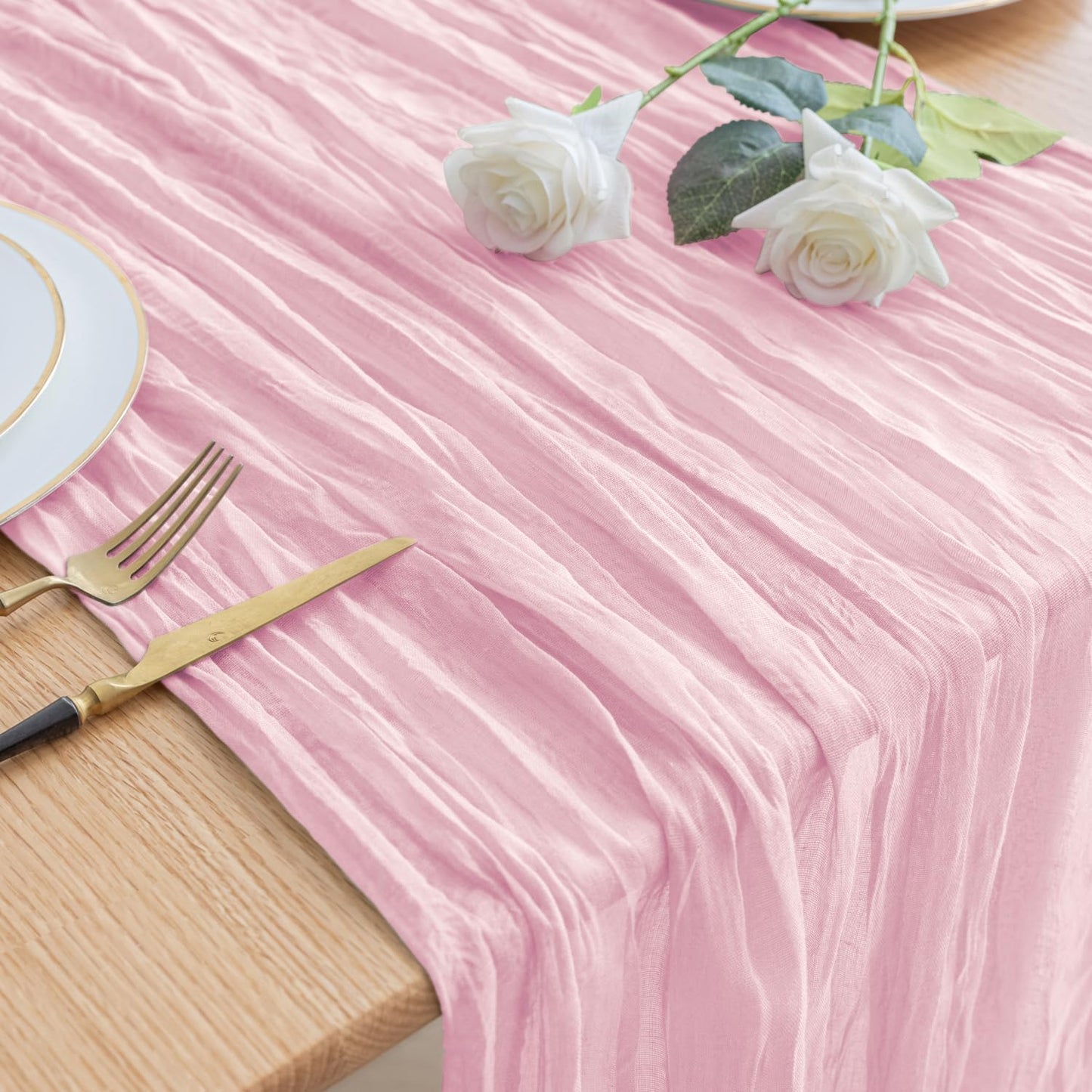 Asee'm Cheesecloth Table Runner 120 Inches Blushing Pink Boho Gauze Cheese Cloth Runner 10FT Rustic Sheer Fall Table Runners for Thanksgiving Wedding Baby Shower Holiday Party Decoration