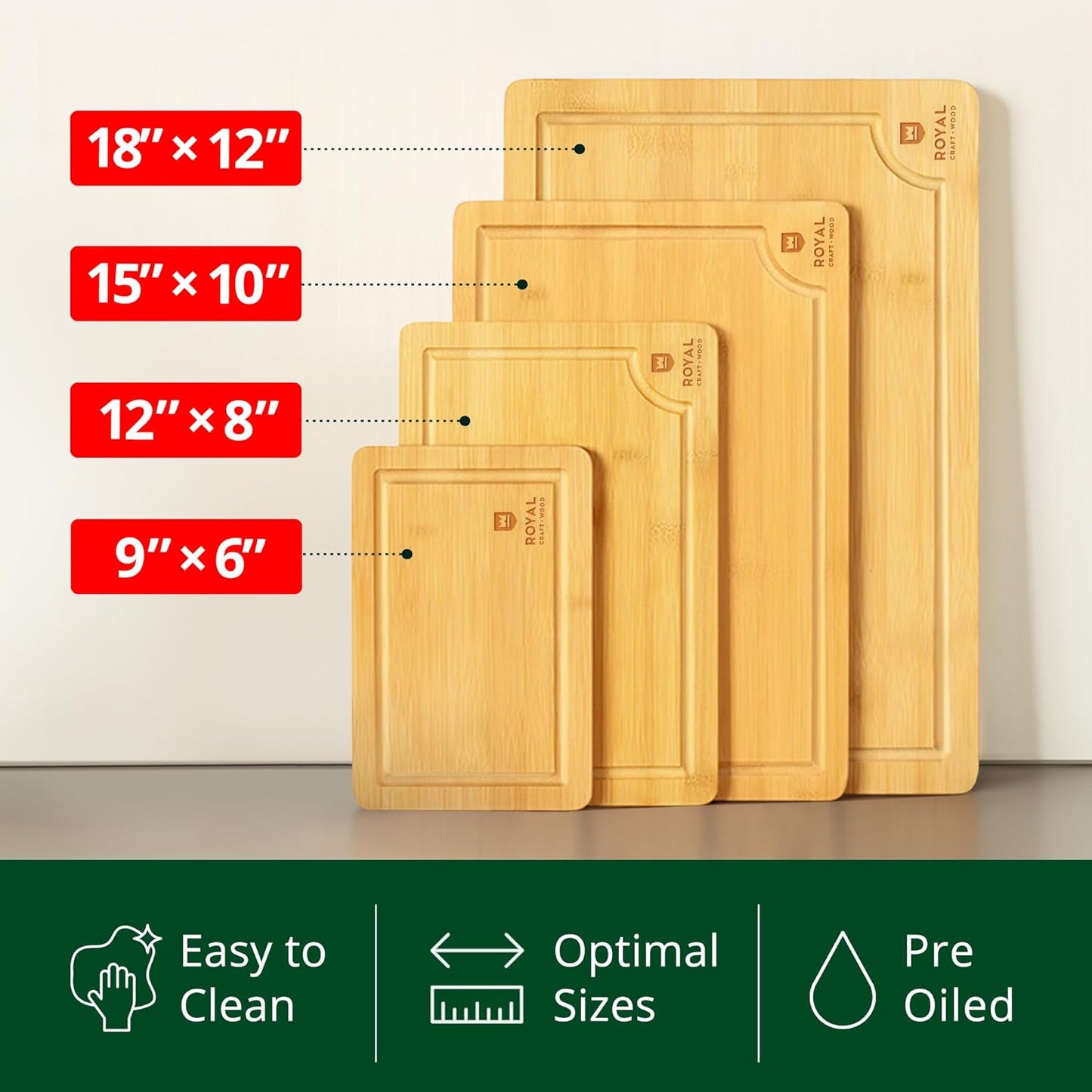 ROYAL CRAFT WOOD Wooden Cutting Boards for Kitchen Meal Prep & Serving - Bamboo Wood Serving Board Set with Deep Juice Groove Side Handles - Charcuterie & Chopping Butcher Block for Meat