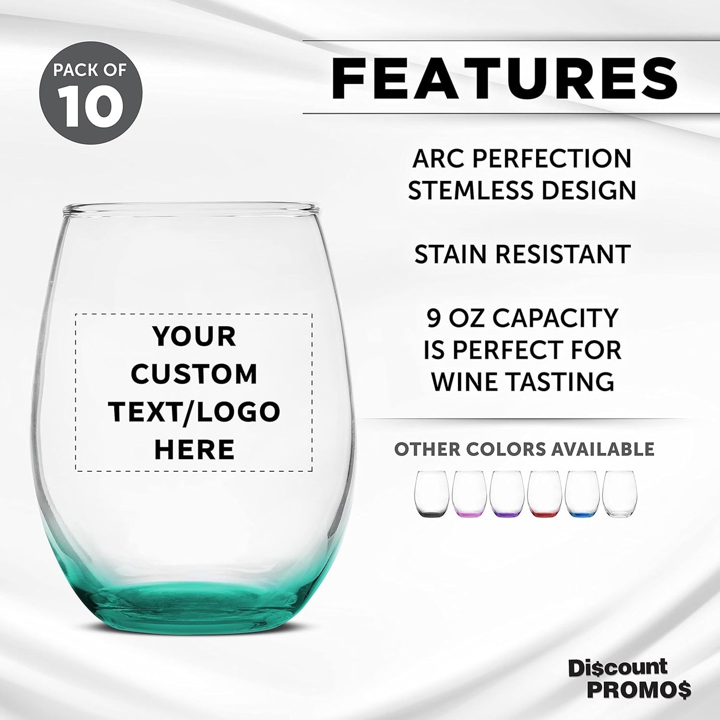 Custom Stemless Wine Glass 9 oz. Set of 10, Personalized Bulk Pack - Great for Wedding Favors, Bachelorette Party Decorations, Party Favors, Color Bottom - Green