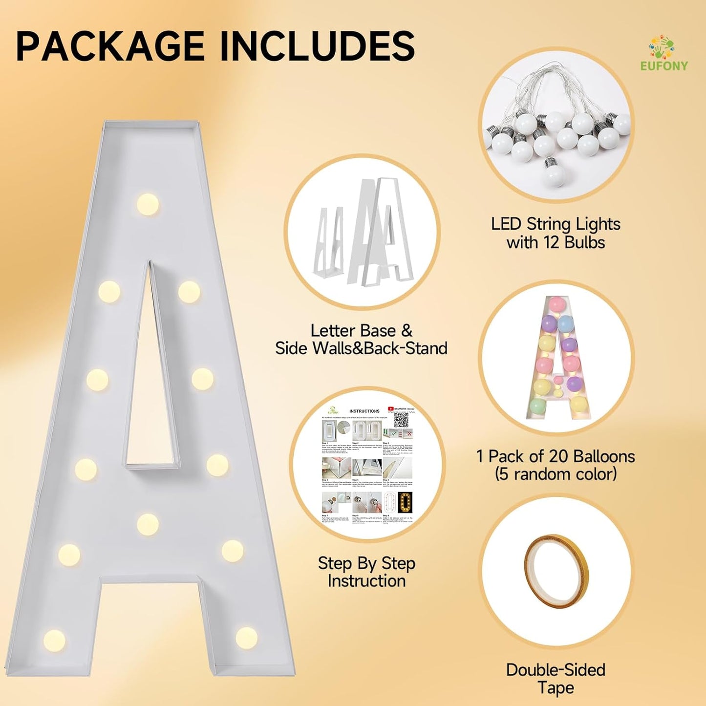 EUFONY Marquee Letters 4 Feet Tall, 4 FT Marquee Light Up Letters, Giant Light Up Letters 4FT for Birthday Party Baby Shower Gender Reveal Graduation Prom Decorations, Letter U with LED Lights DIY Kit
