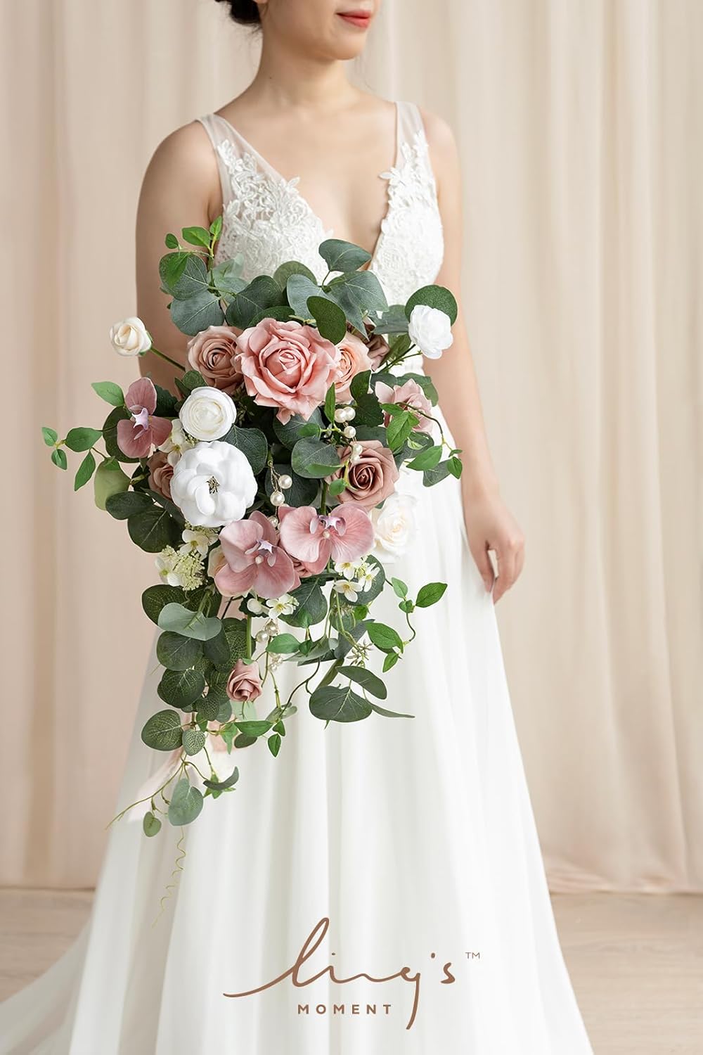 Ling's Moment Pink Bridal Bouquet for Bride, Dusty Rose Wedding Bouquets for Bride, 15 Inch Wedding Artificial Flowers
