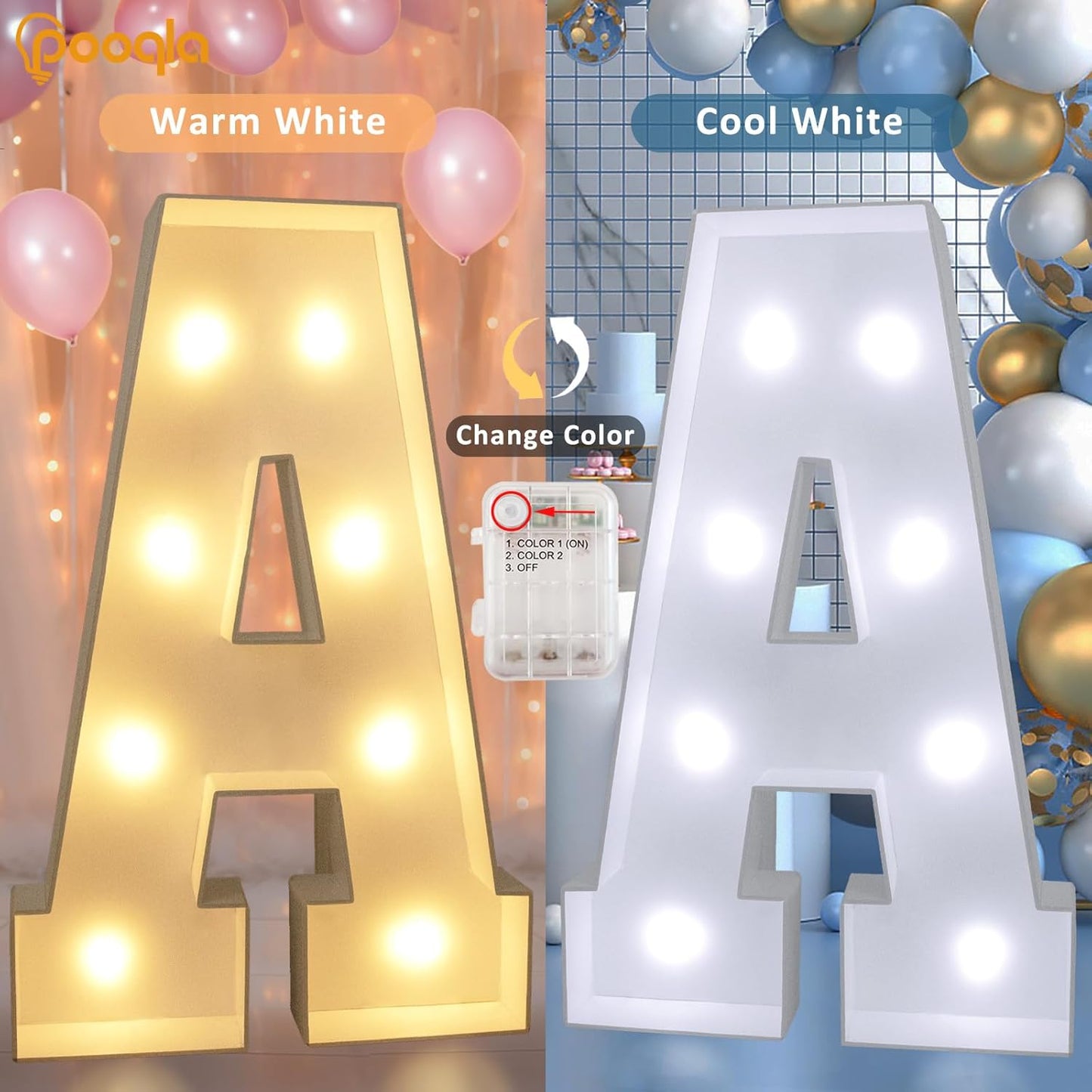 Pooqla 3FT Marquee Light Up Letters, Cool White and Warm White LED Big Mosaic Marquee Letters 3 Feet, Giant Letter Sign for Balloons Birthday Anniversary Wedding Party Decoration, LED D