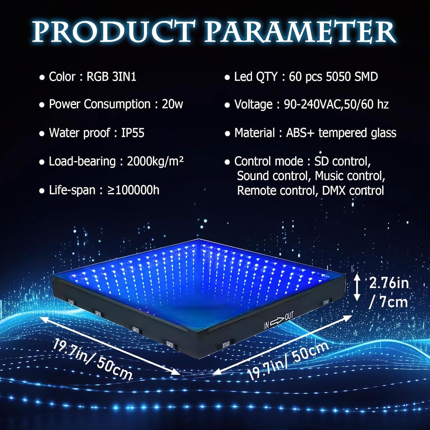 Dance Floor Stage Lights-Tempered Glass with Flight Case - RGB Color Changing Lights for Wedding, Party, Club - Non-Slip (3D-Magnetic, 20 * 20FT)