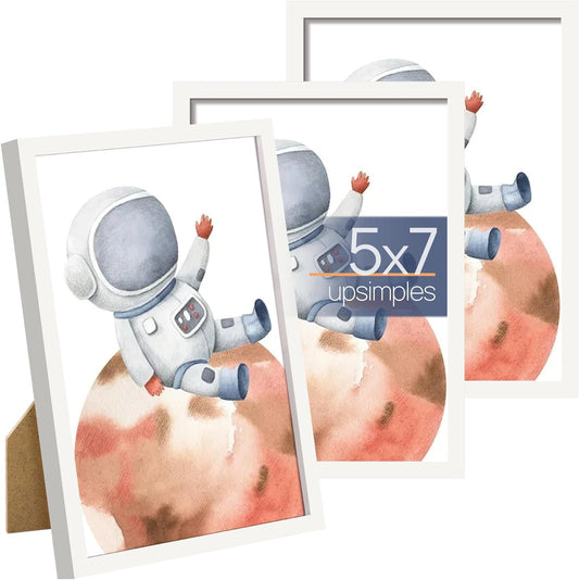 upsimples 5x7 Picture Frame Set of 3, Made of High Definition Glass for 5 x 7 White Frames, Wall and Tabletop Display Thin Border Photo Frame for Home Décor