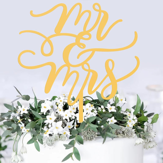 Mr and Mrs Cake Topper - Glitter Gold Acrylic Wedding Cake Decorations, Bride and Groom Cake Pick (Gold)