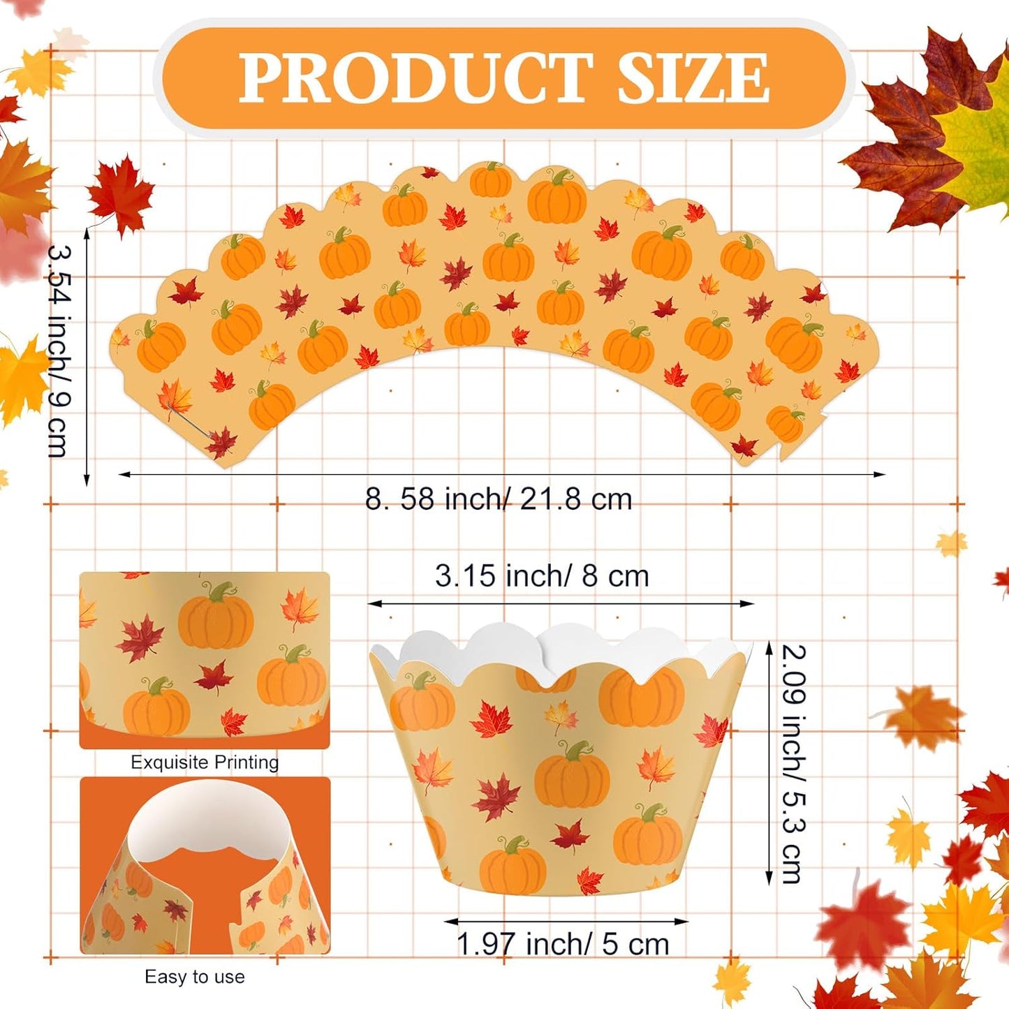 Domensi 100 Pcs Fall Pumpkin Maple Leaf Cupcake Wrappers Rustic Cupcake Liners Thanksgiving Baking Cups Baking Liners for Autumn Wedding Bridal Baby Shower Birthday Party Supplies Dessert Decoration