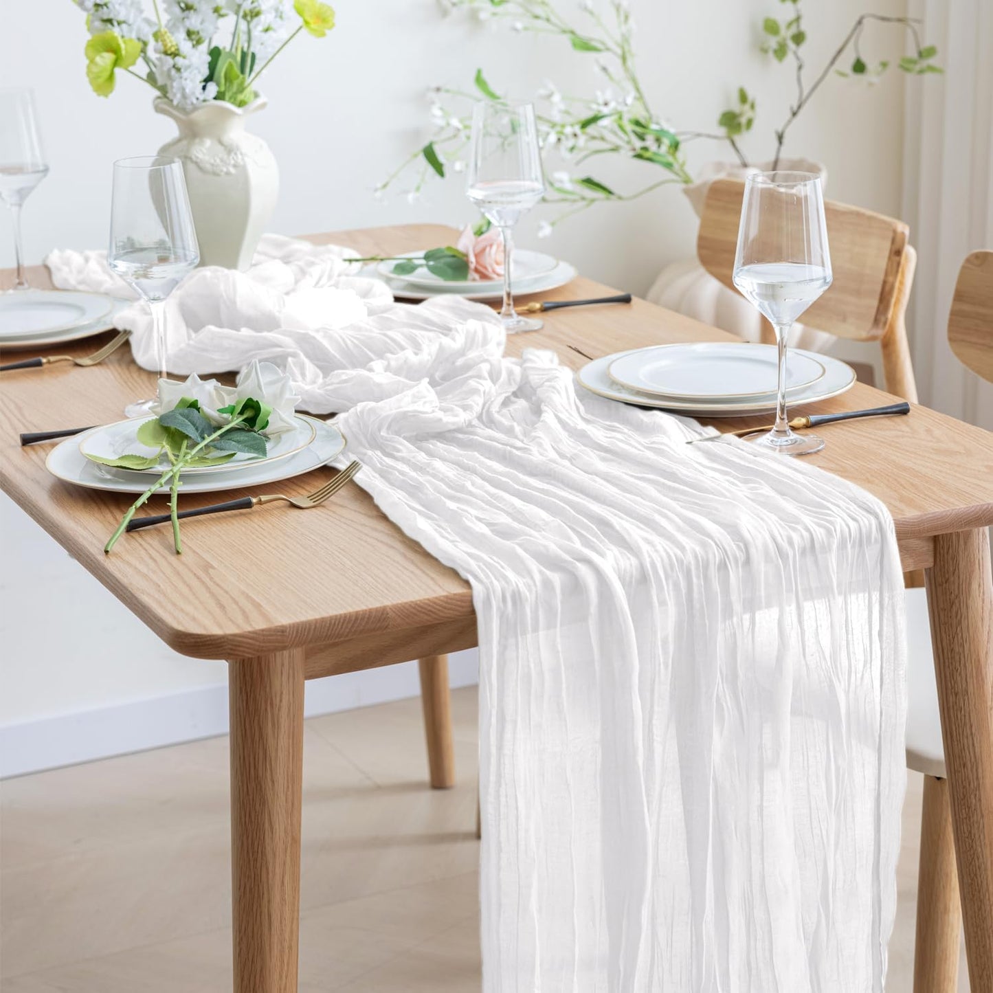 Asee'm 2pcs Cheesecloth Table Runner 120 Inches Long Ivory Boho Gauze Cheese Cloth Runner 10FT Rustic Sheer Table Runners for Christmas Wedding Party Baby Shower Spring Easter Decoration