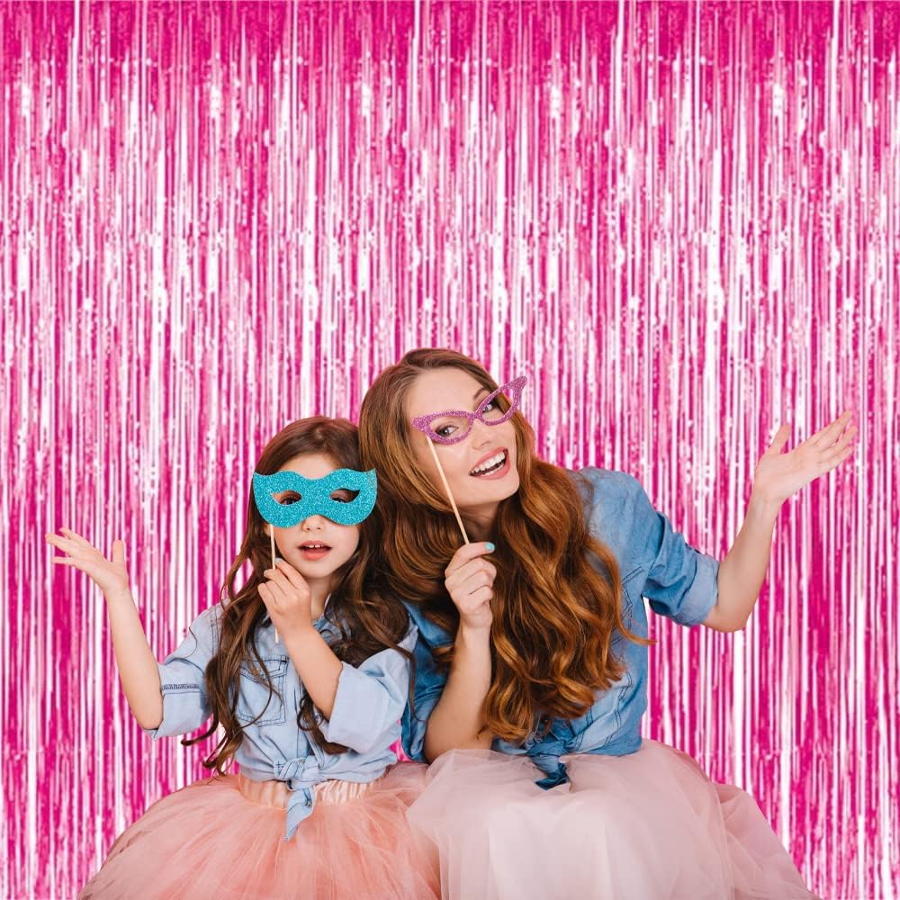GOER 3.2 ft x 8.2 ft Metallic Tinsel Foil Fringe Curtains Party Photo Backdrop Party Streamers for Galentines Day,Birthday,Graduation,New Year Eve Decorations Wedding Decor (1 Pack, Hot Pink)