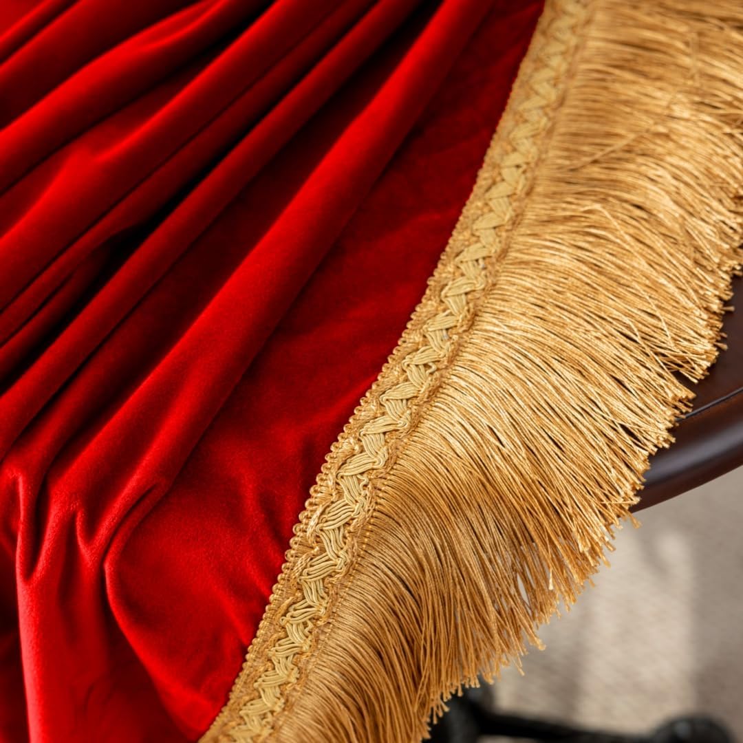 F-CHU Red Tablecloth Thickset Velvet Tablecloth with Beautiful Gold Tassels Vintage Table Cloth for Home Decor Wedding, Party, Banquet and Events 60x120-Inch