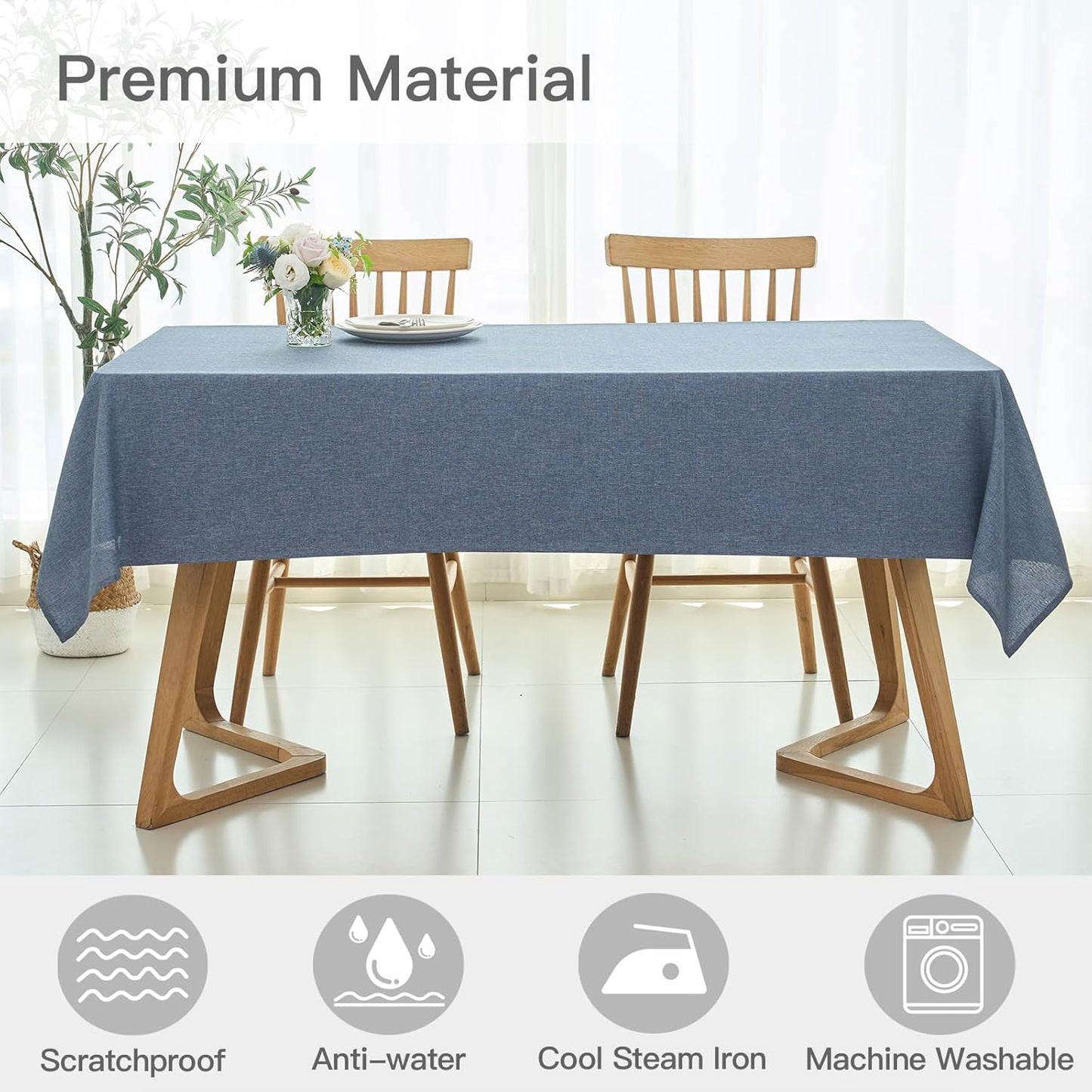 maxmill Linen Textured Rectangle Tablecloth Water Resistant Wrinkle Free Spill-Proof Stain Proof Table Cloth for Dining Room Decoration Banquet Party Wedding Holiday Dinner, 52 x 84 Inch Demin Blue